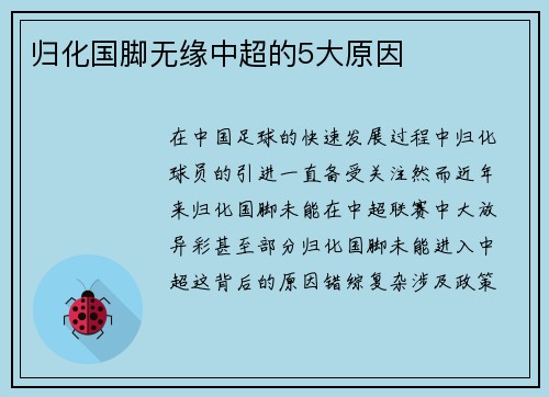 归化国脚无缘中超的5大原因