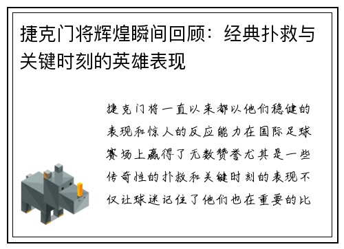 捷克门将辉煌瞬间回顾：经典扑救与关键时刻的英雄表现